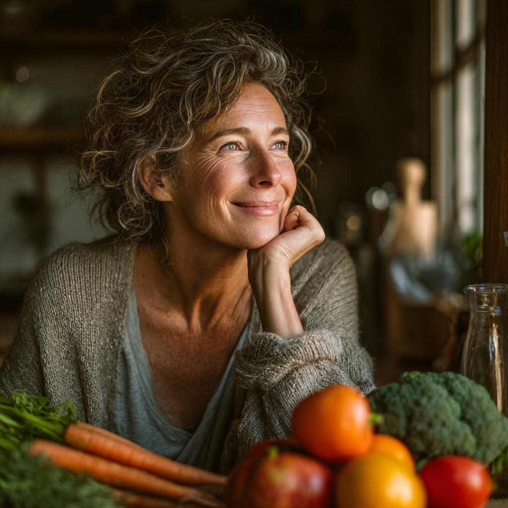 Mature woman in her 50s sitting at a kitchen table with fresh vegetables and fruits, smiling while planning her meals, wearing casual home clothes, natural lighting from window