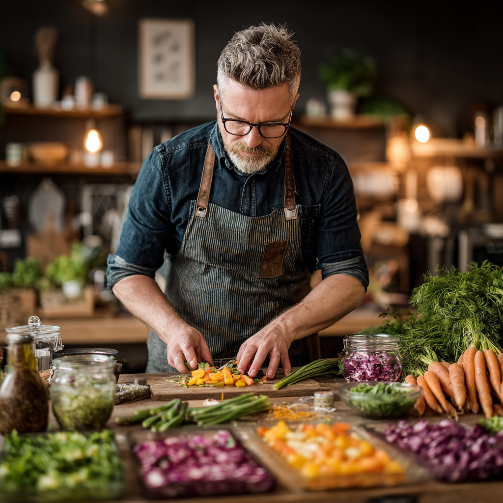 Middle-aged man around 45 years old cooking healthy vegetables in a modern kitchen, wearing an apron, focused on preparing a nutritious meal with colorful fresh ingredients spread on the counter